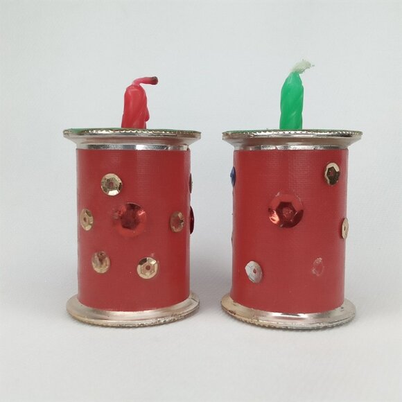 Vintage Christmas Candle Holders Set Of 2 Made From Thread Spools 1970s - Picture 3 of 9